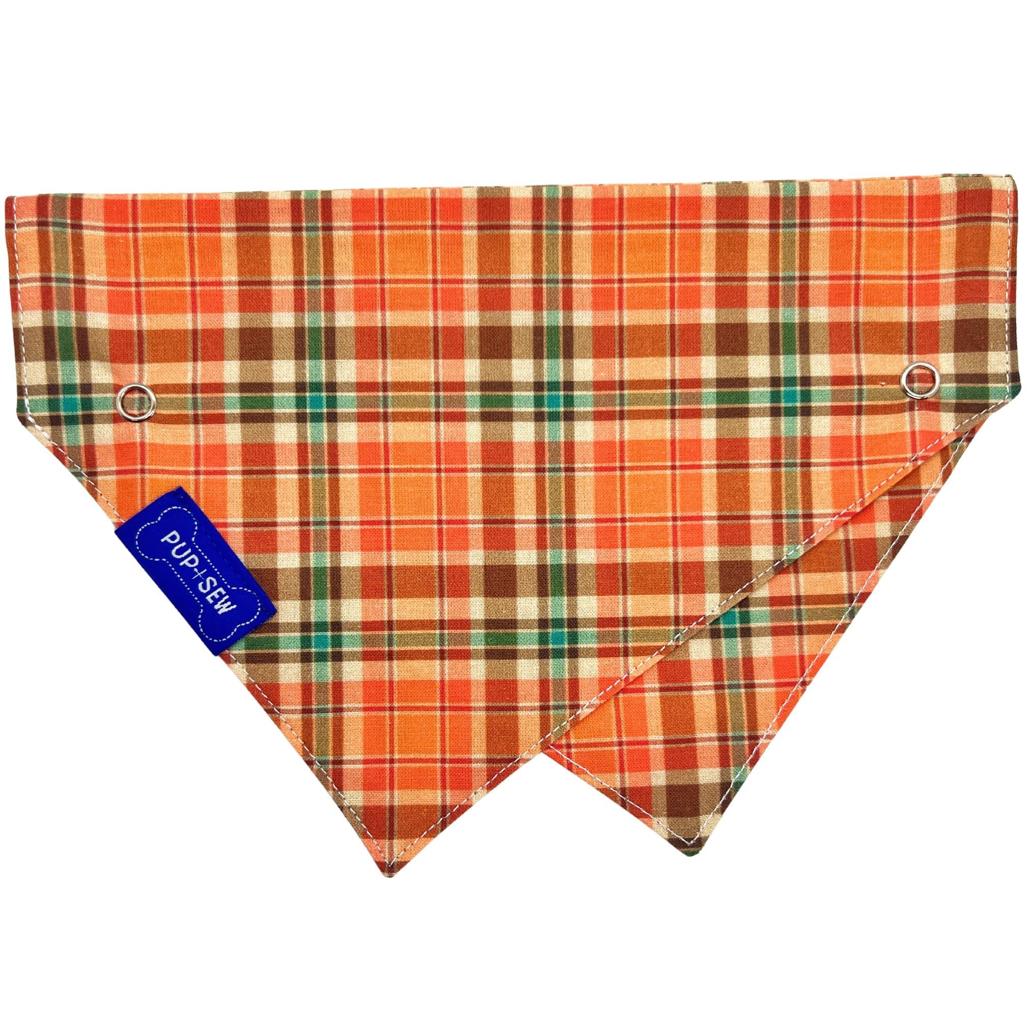 Orange Fall Plaid Dog Collar Bandana, Reversible and Two-Tone