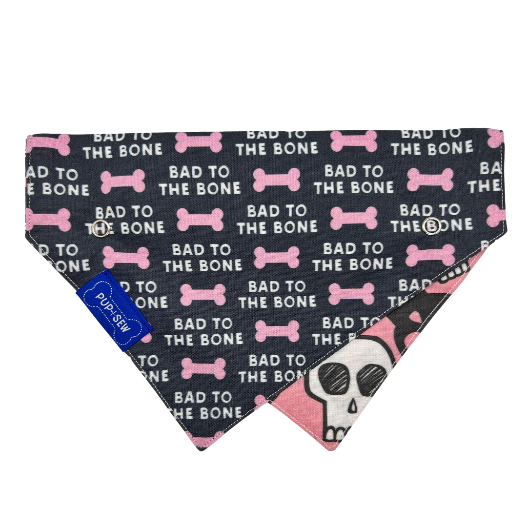 Pink “Bad to the Bone” Dog Collar Bandana, Reversible and Two-Tone