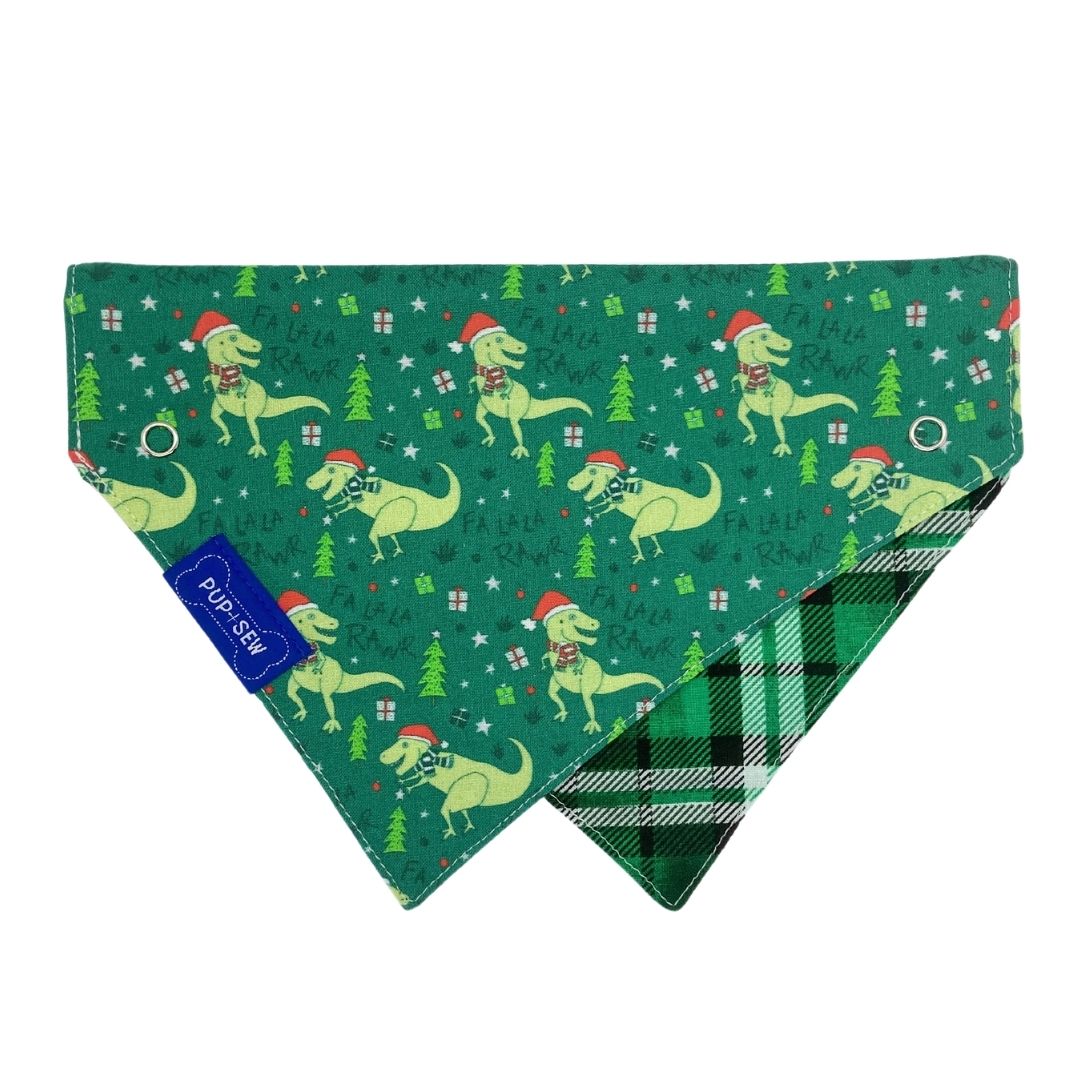 Merry T-Rex Green Plaid Dog Collar Bandana, Reversible and Two-Tone