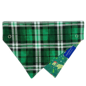 Merry T-Rex Green Plaid Dog Collar Bandana, Reversible and Two-Tone