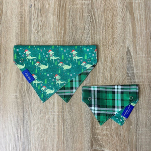 Merry T-Rex Green Plaid Dog Collar Bandana, Reversible and Two-Tone