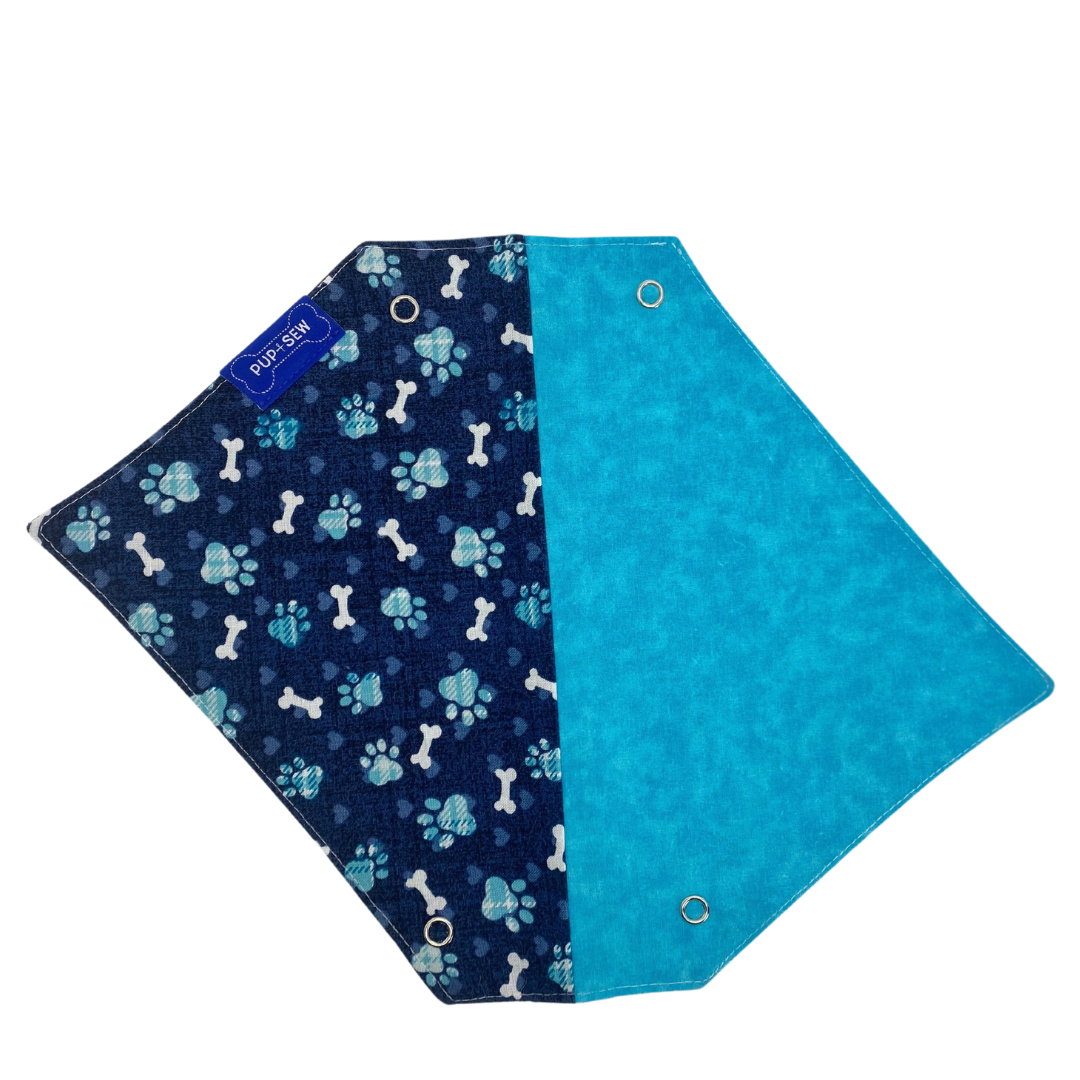 Blue Bone Dog Collar Bandana, Reversible and Two-Tone