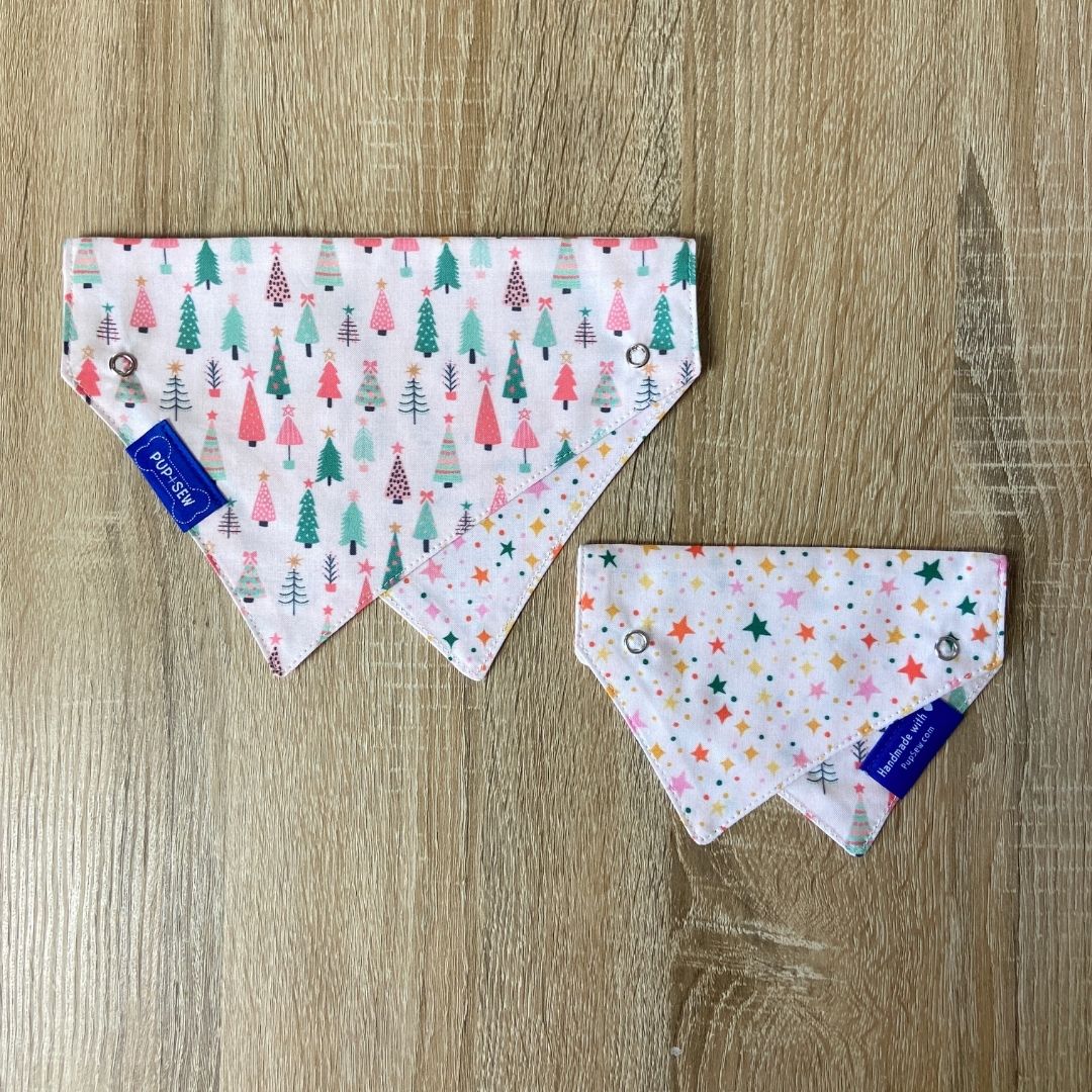Pink Trees and Stars Dog Collar Bandana, Reversible and Two-Tone