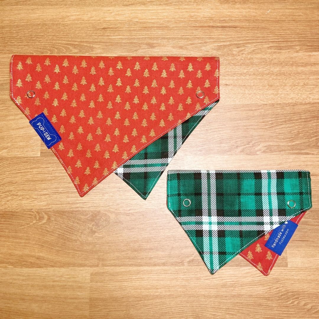 Red Christmas Tree Green Plaid Dog Collar Bandana, Reversible and Two-Tone