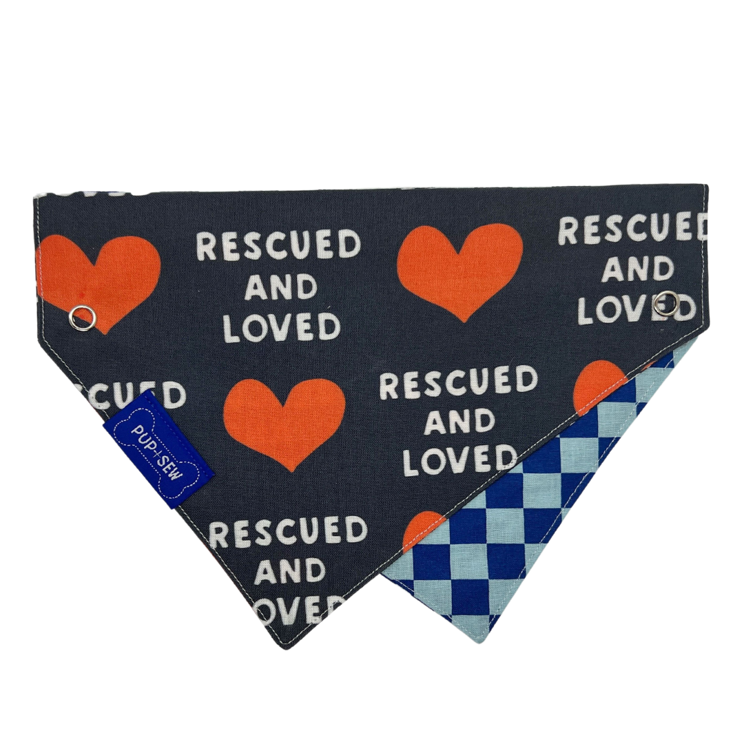 "Rescued" Blue Checkered Dog Collar Bandana, Reversible and Two-Tone
