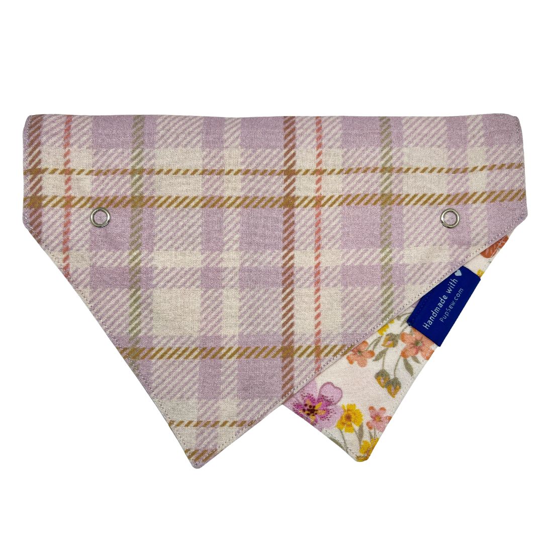 "Fall Bloom" Lavender Plaid Dog Collar Bandana, Reversible and Two-Tone