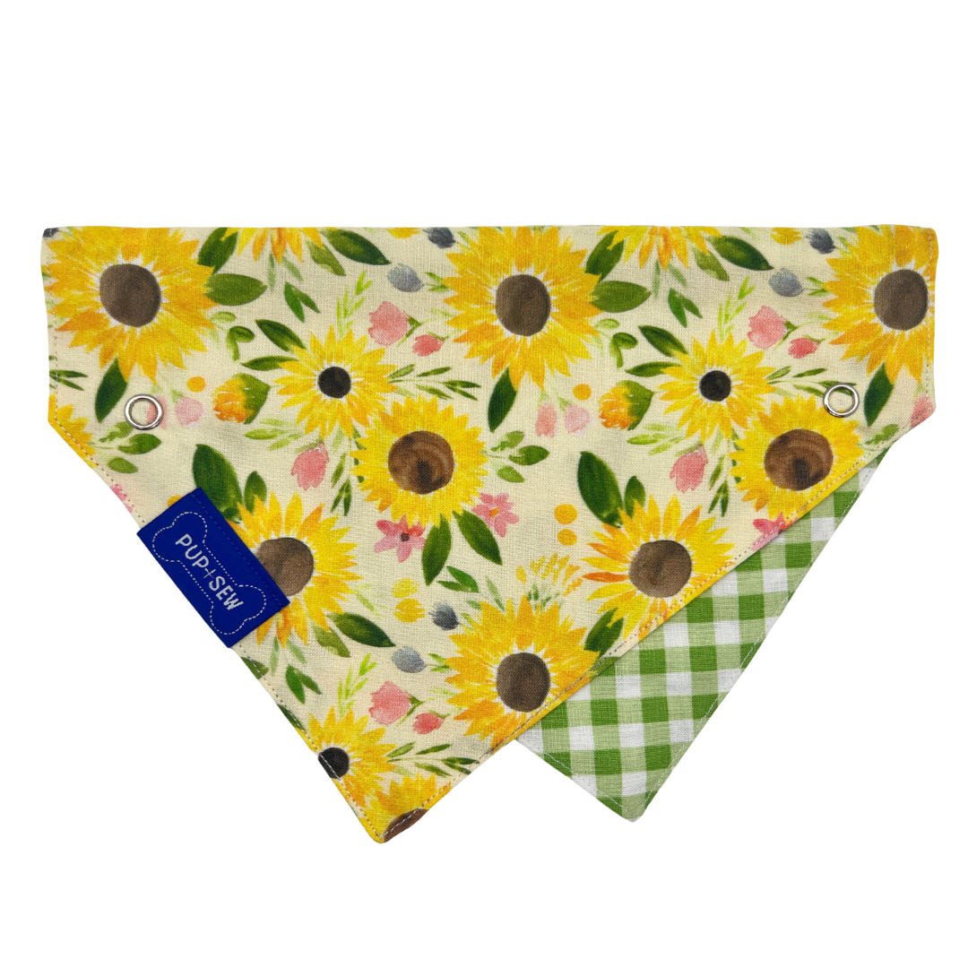 "Sunflower Picnic" Dog Collar Bandana, Reversible and Two-Tone