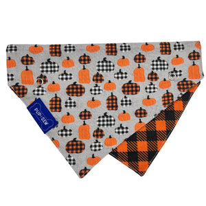 “Buffalo Pumpkin” Orange Plaid Dog Collar Bandana, Reversible and Two-Tone