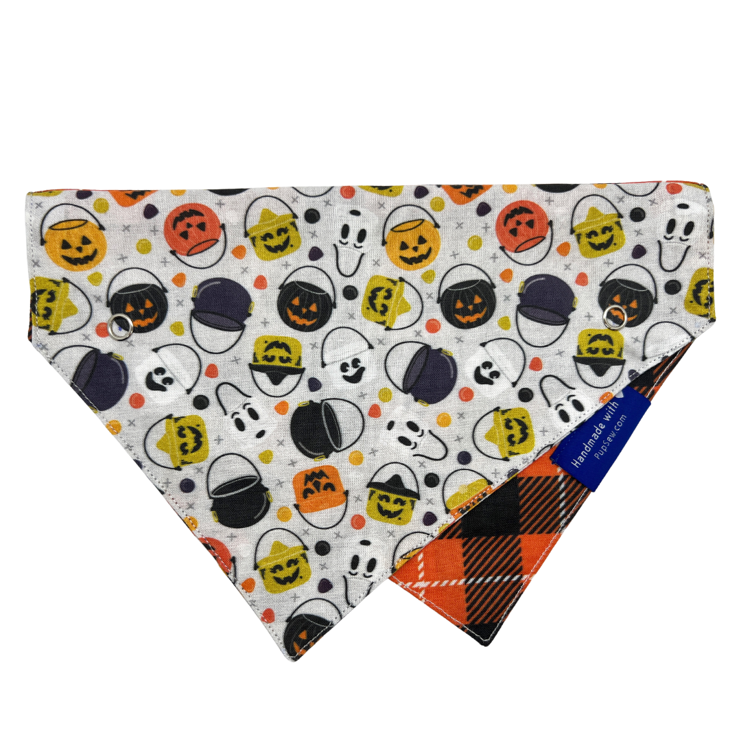 “Trick-or-Treat” Plaid Dog Collar Bandana, Reversible and Two-Tone