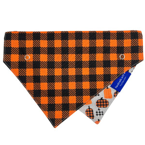 “Buffalo Pumpkin” Orange Plaid Dog Collar Bandana, Reversible and Two-Tone