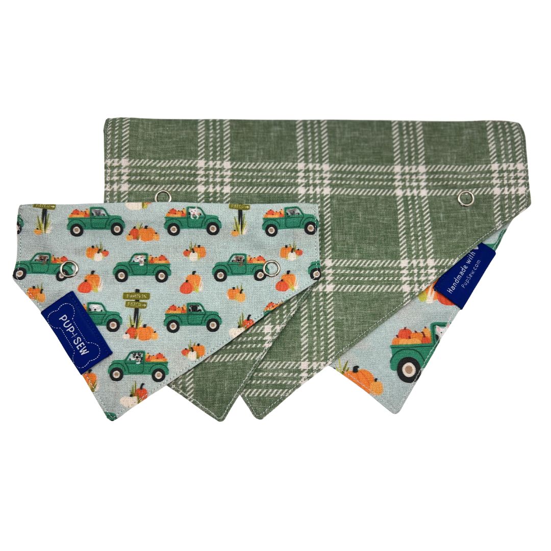 “Pumpkin Patch” Green Plaid Dog Collar Bandana, Reversible and Two-Tone