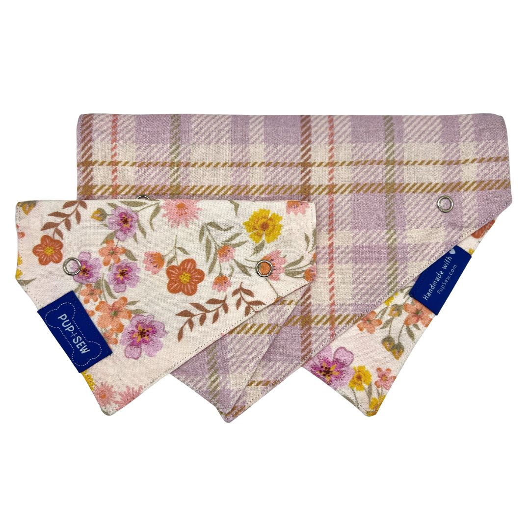 "Fall Bloom" Lavender Plaid Dog Collar Bandana, Reversible and Two-Tone