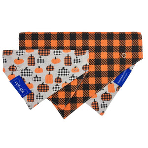 “Buffalo Pumpkin” Orange Plaid Dog Collar Bandana, Reversible and Two-Tone