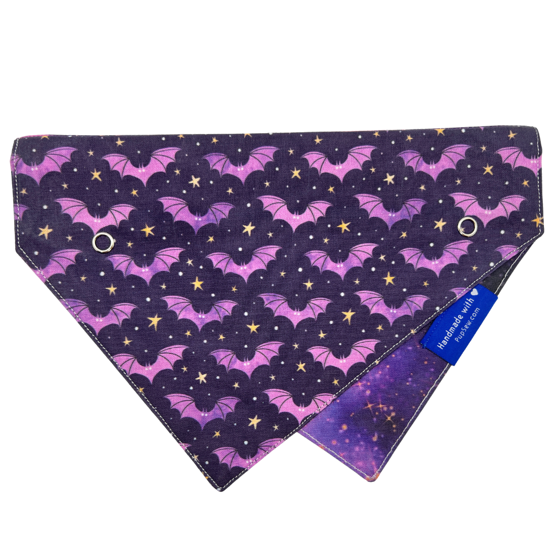 “Starry Night Bats” Dog Collar Bandana, Reversible and Two-Tone