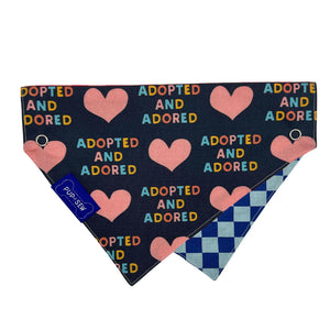 "Adopt" Blue Checkered Dog Collar Bandana, Reversible and Two-Tone